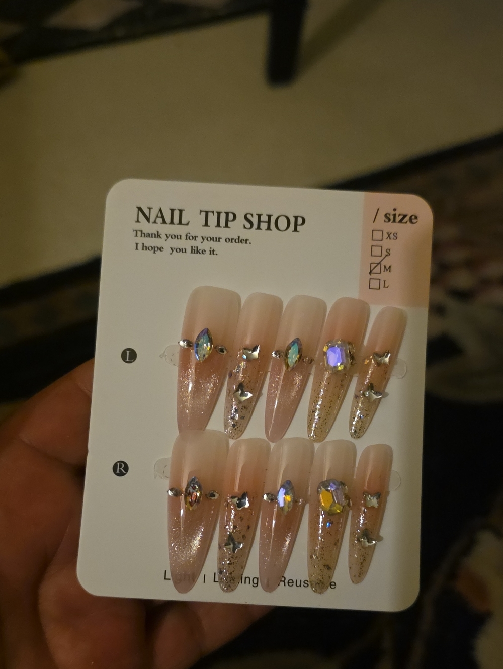 Nude Pink Rhinestone Stiletto Press-On Nails - Med